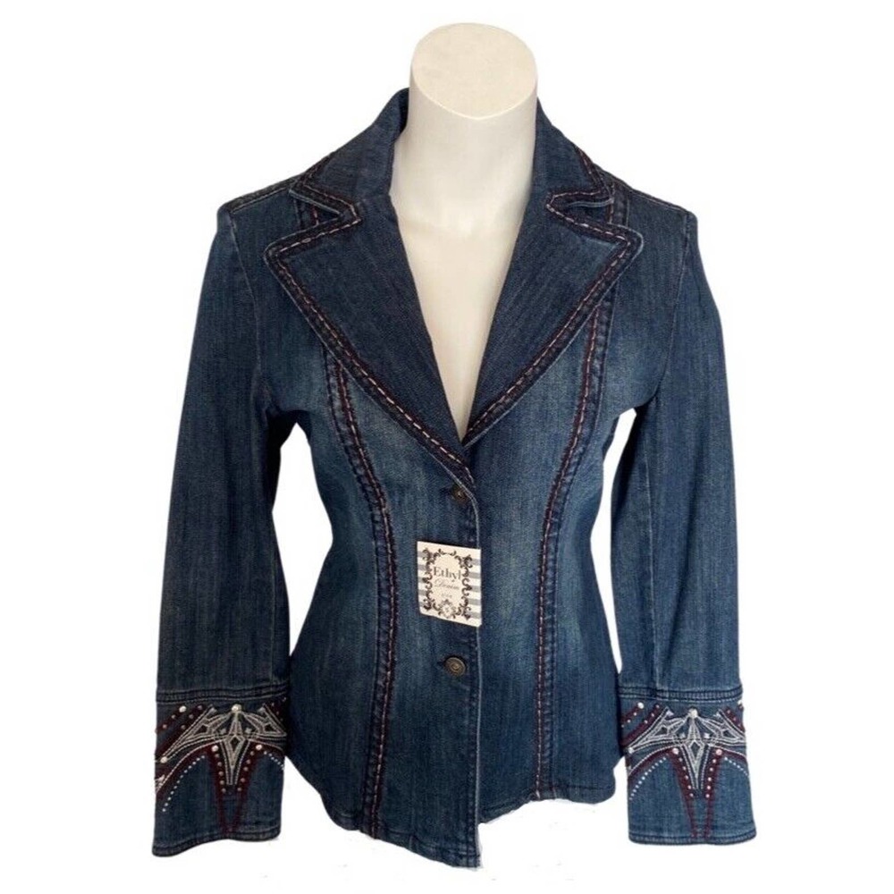 ETHYL Vintage Style Denim Embellished Fitted Blazer NWT Size Small MSRP $149